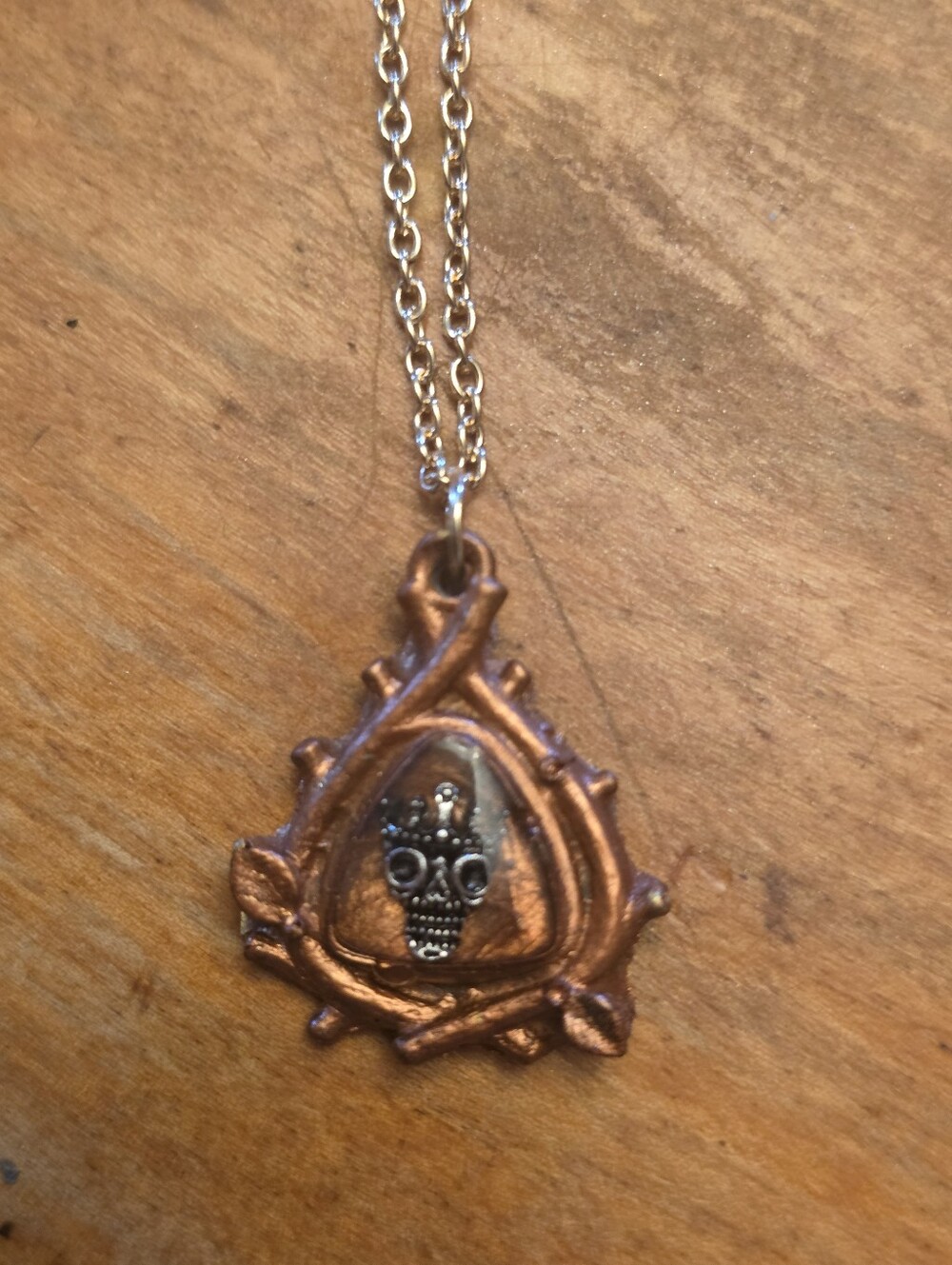 Resin Tan Pendant With Center Skull On Silver Tone Chain Necklace